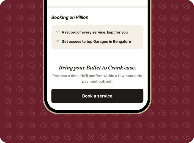 App screen: booking a service at Crankcase Garage.