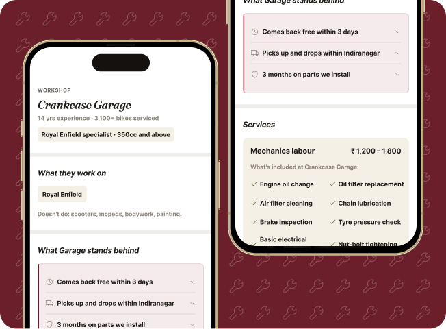 App screens: Crankcase Garage profile with what they work on, what they stand behind, and service prices.